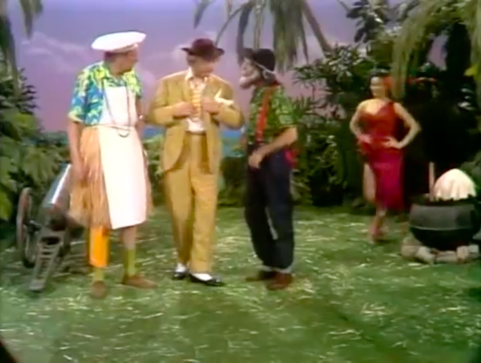 Native girl approaches Vincent Price, Clem Kadiddlehopper, and Jan Arvan - "A fourth for bridge!"