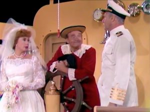 Mrs. Cavendish (Audrey Meadows), Junior (Red Skelton), and the ship captain in Mother Knows Pest