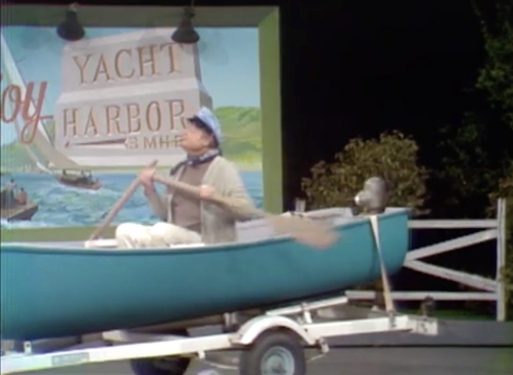 Finally, Red Skelton simply unhitches his boat and rows it away, ending the Silent Spot!