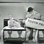 George Appleby (Red Skelton) accidentally squirts his wife Clara (Virginia Grey) with toothpaste in "Somebody Up There Hates Me"