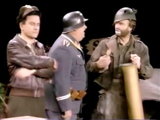 Colonel Hogan, Sergeant Schultz, and Freddie the Freeloader depending on Freddie's survival skills in "How You Gonna Keep 'Em Down in the Dump?"