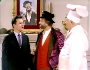 After World War II - Colonel Hogan & Sergeant Schultz are living in luxury - which Freddie the Freeloader can't stand! Note the painting over the fireplace