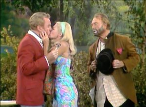 "Oh, you poor man!" J. L. tries to be a hobo, only to be kissed by a pretty girl (Pat Priest) while Freddie the Freeloader looks on