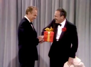 On Stage in Not With My Dump You Don't - Red Skelton, Terry-Thomas, a gift, and an enormous tea bag!