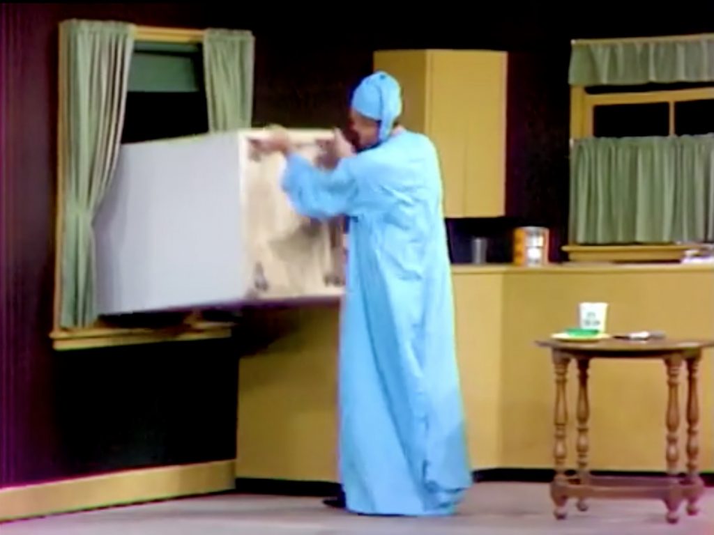 No more food before bed!  Red Skelton throws his refrigerator out the window, ending the Silent Spot
