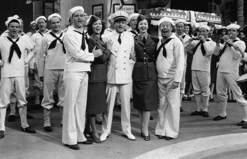 Red Skelton, Eleanor Powell, Tommy Dorsey, Virginia O’Brien, Bert Lahr and (at the extreme left) a very young Frank Sinatra in Ship Ahoy