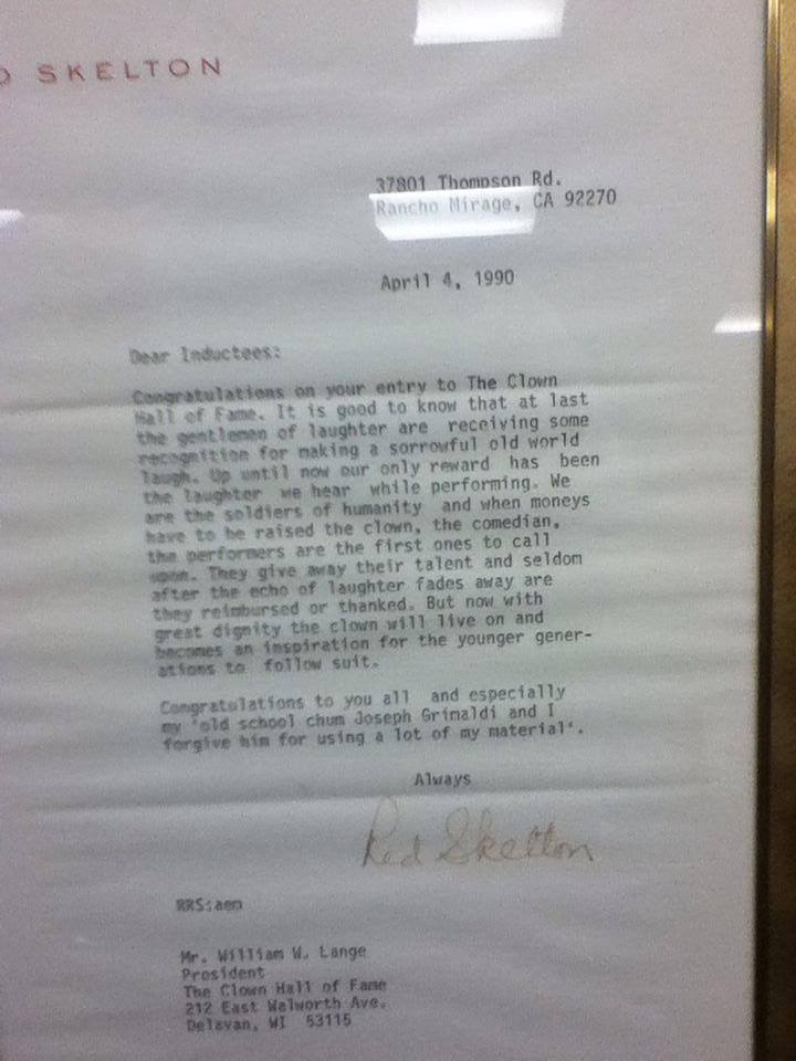 Red Skelton's letter on his induction to the International Clown Hall of Fame