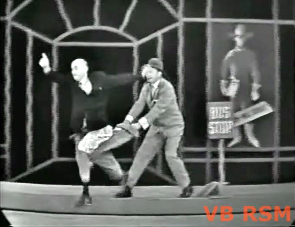 Red Skelton picking the pocket of a man running away -- and ripping his pants off!