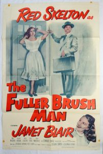 Movie poster of Red Skelton knocking on a door in "The Fuller Brush Man"