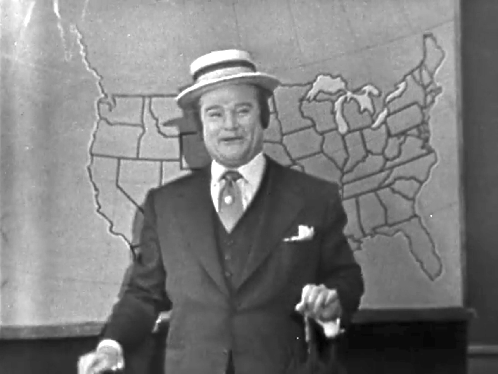 Red Skelton as a weather man in the Mountain Washin' episode of The Red Skelton Show